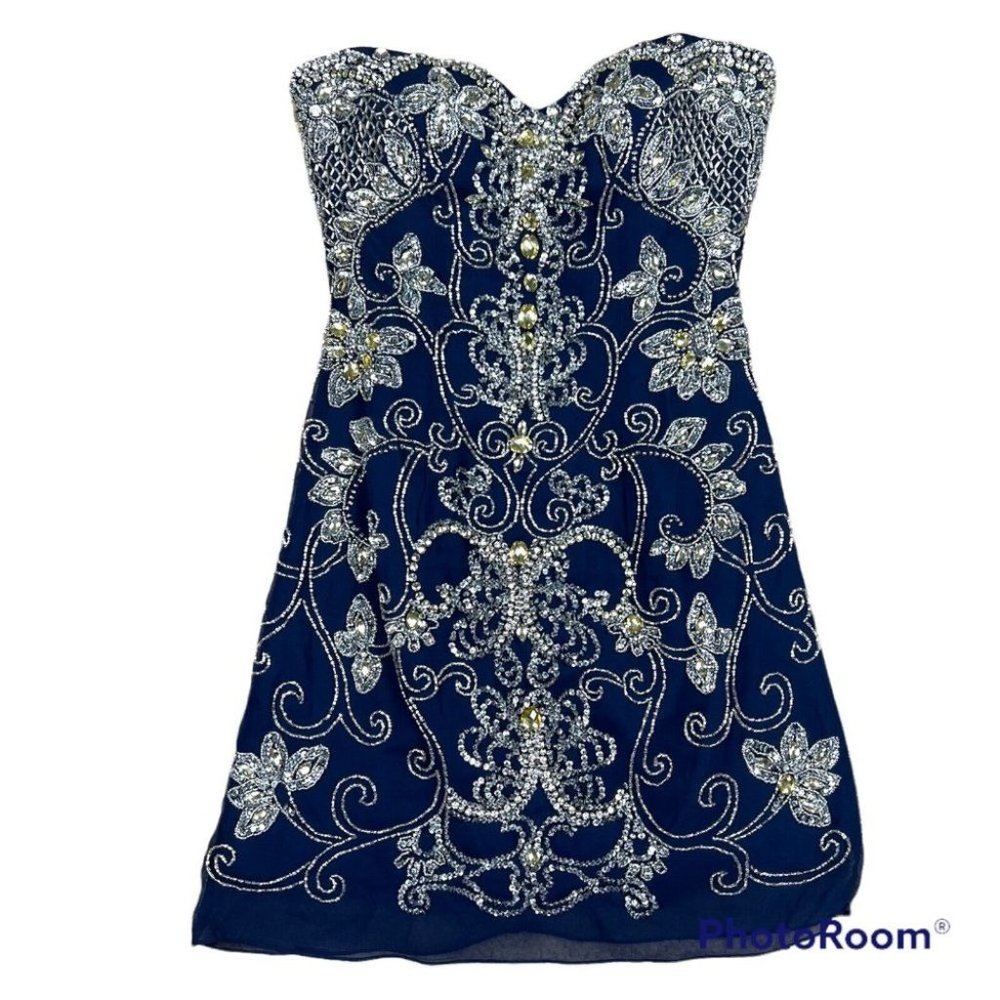 Sherri Hill Navy and Silver Embellished Mini Dress